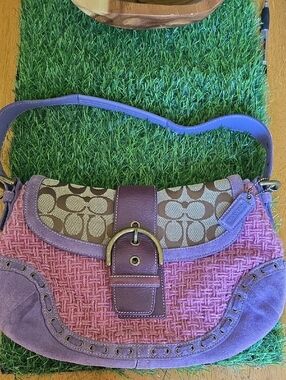 Coach Pink and Purple Signature Shoulder Bag with Buckle Accent